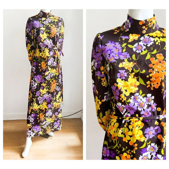 Vintage Hobnobber Floral High Neck Long Sleeve Maxi  Dress M - Picture 1 of 8